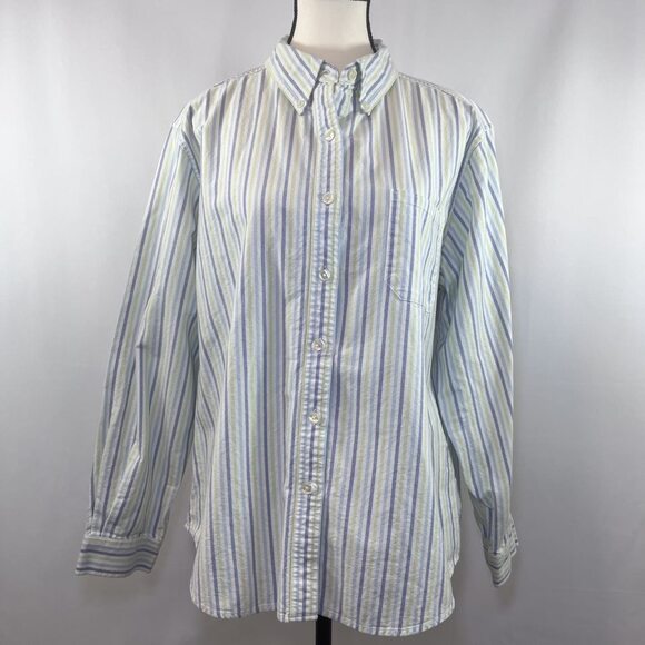 LL Bean Tops - LL Bean long sleeve button down collar striped shirt blue white green women XL